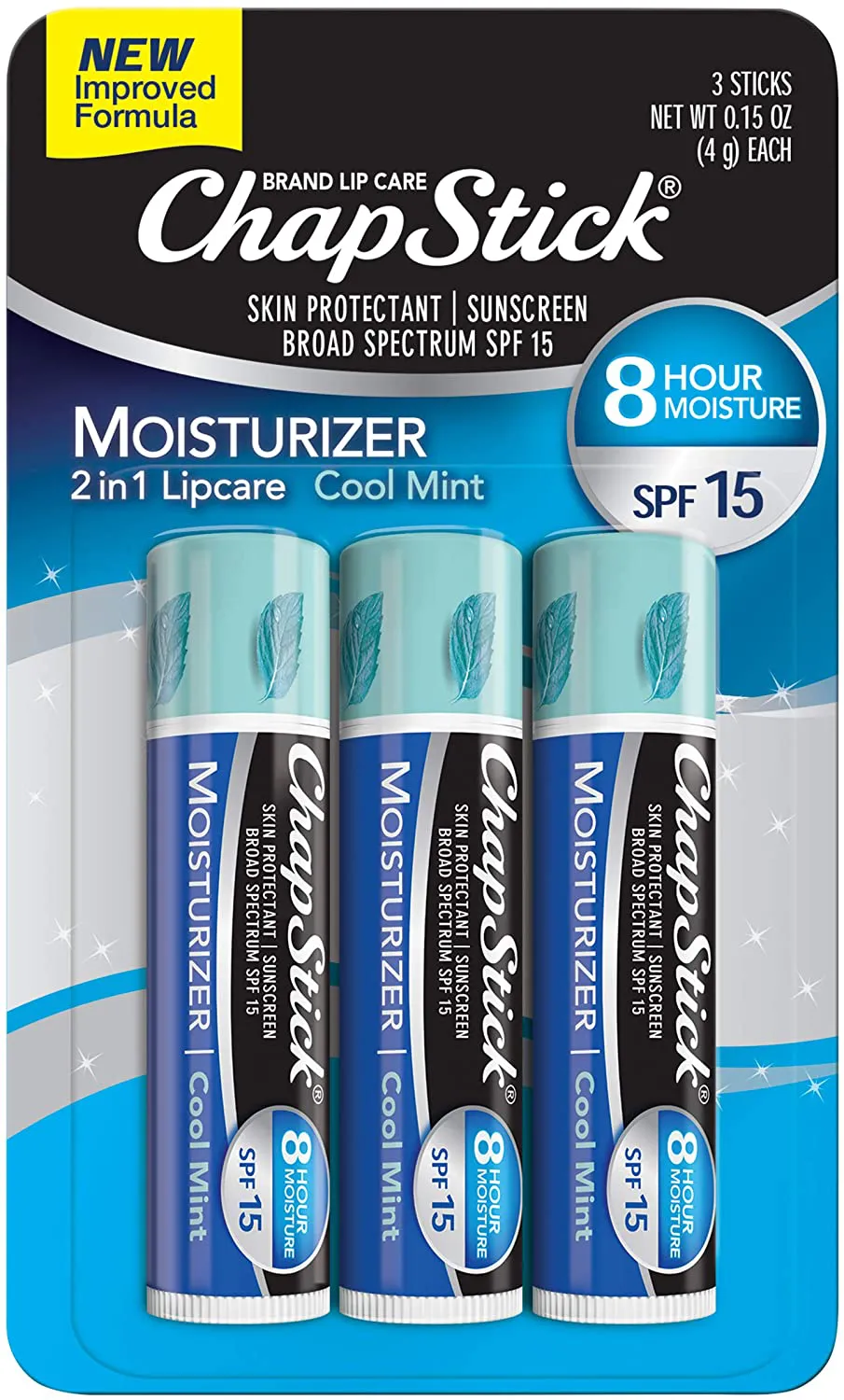 Chapstick Moisturizer Cool Mint Lip Balm Tubes, SPF 15 and Skin Protectant - 0.15 Oz (Pack of 3)