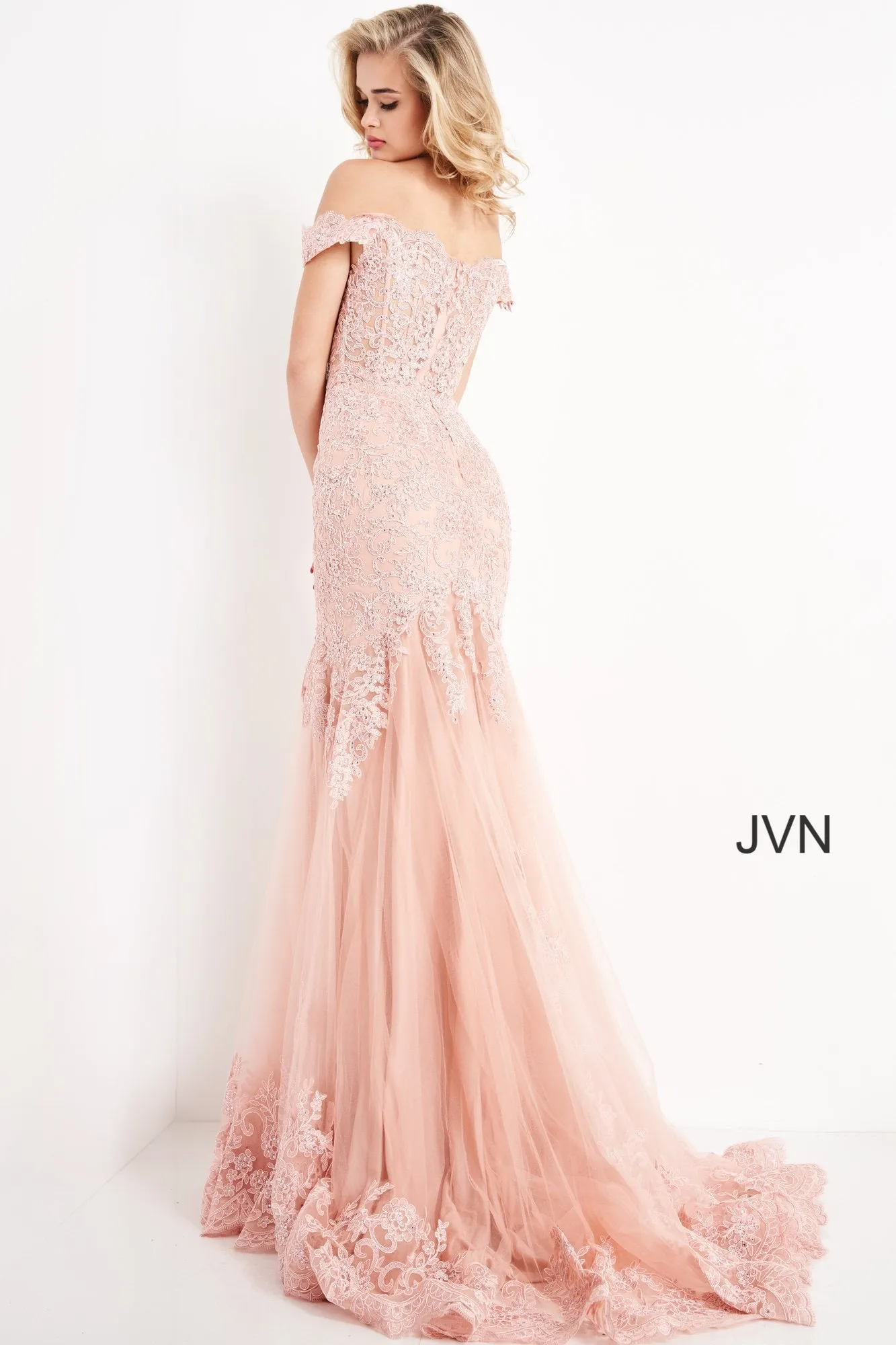 Jovani JVN65688 Size 14 Long Fitted Sheer lace prom dress Mermaid Off Shoulder Gown