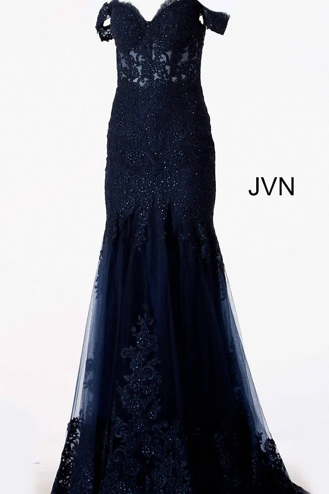 Jovani JVN65688 Size 14 Long Fitted Sheer lace prom dress Mermaid Off Shoulder Gown